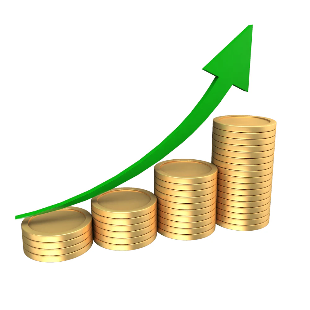 3D coins and growth arrow representing pricing